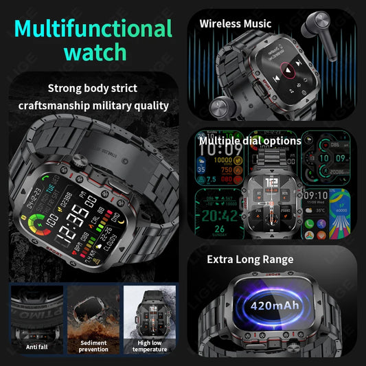 Montre Connectée Militaire LIGE 2026 – Écran 1.96" HD, Appels Bluetooth & Suivi Santé