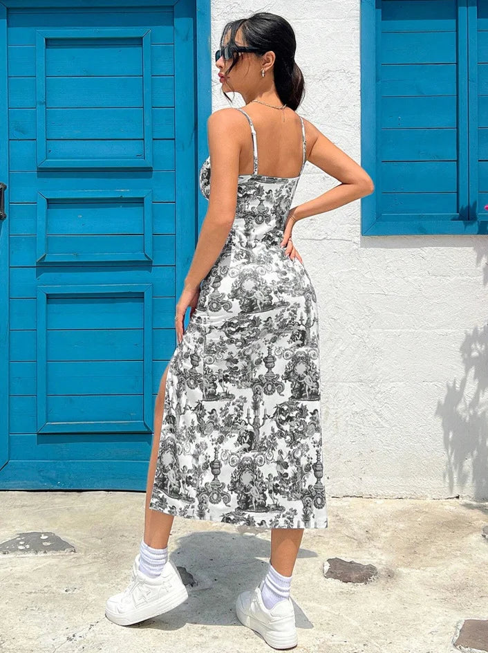 Robe Longue Riviera – Imprimé Floral & Fente Latérale