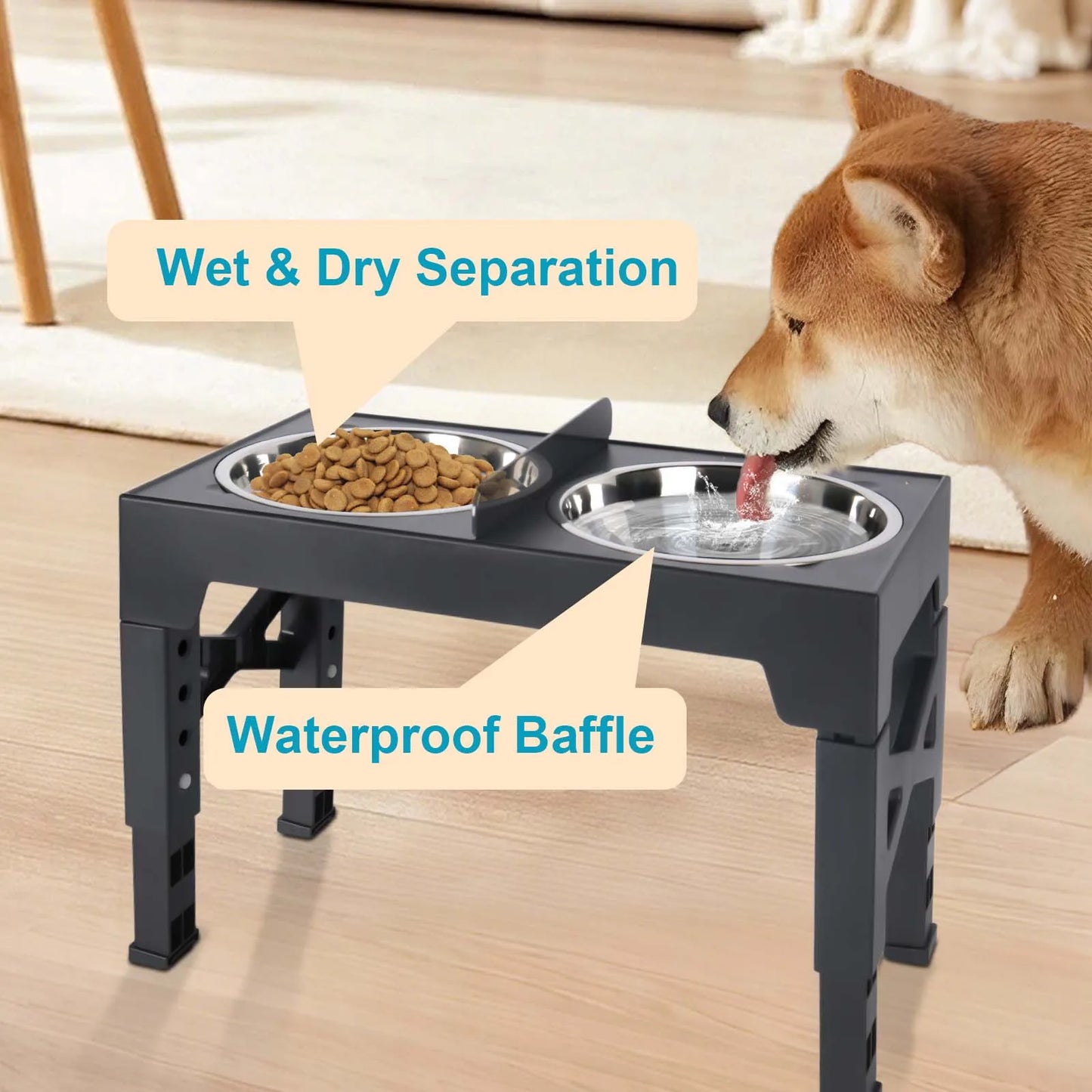 Support de Gamelles Surélevé pour Chien – Ajustable (5 Hauteurs) avec Gamelle Anti-Glouton & Inox
