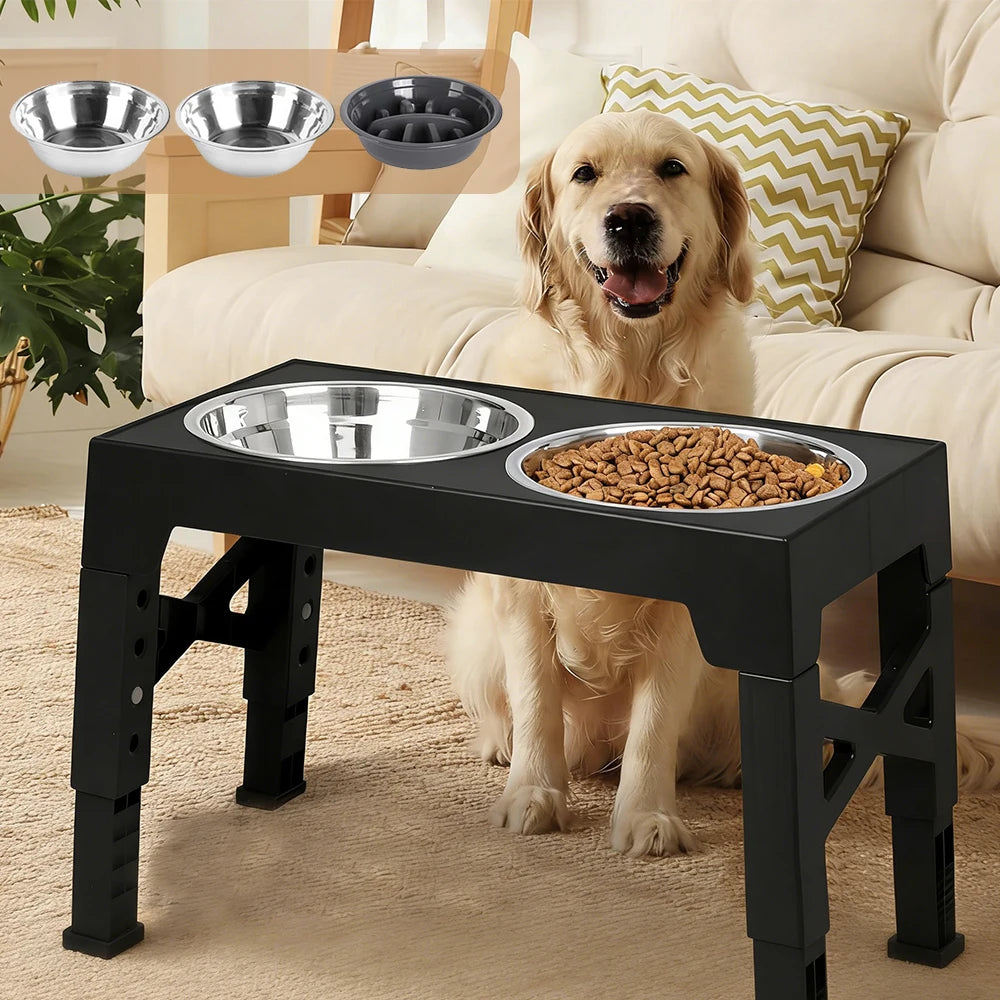 Support de Gamelles Surélevé pour Chien – Ajustable (5 Hauteurs) avec Gamelle Anti-Glouton & Inox