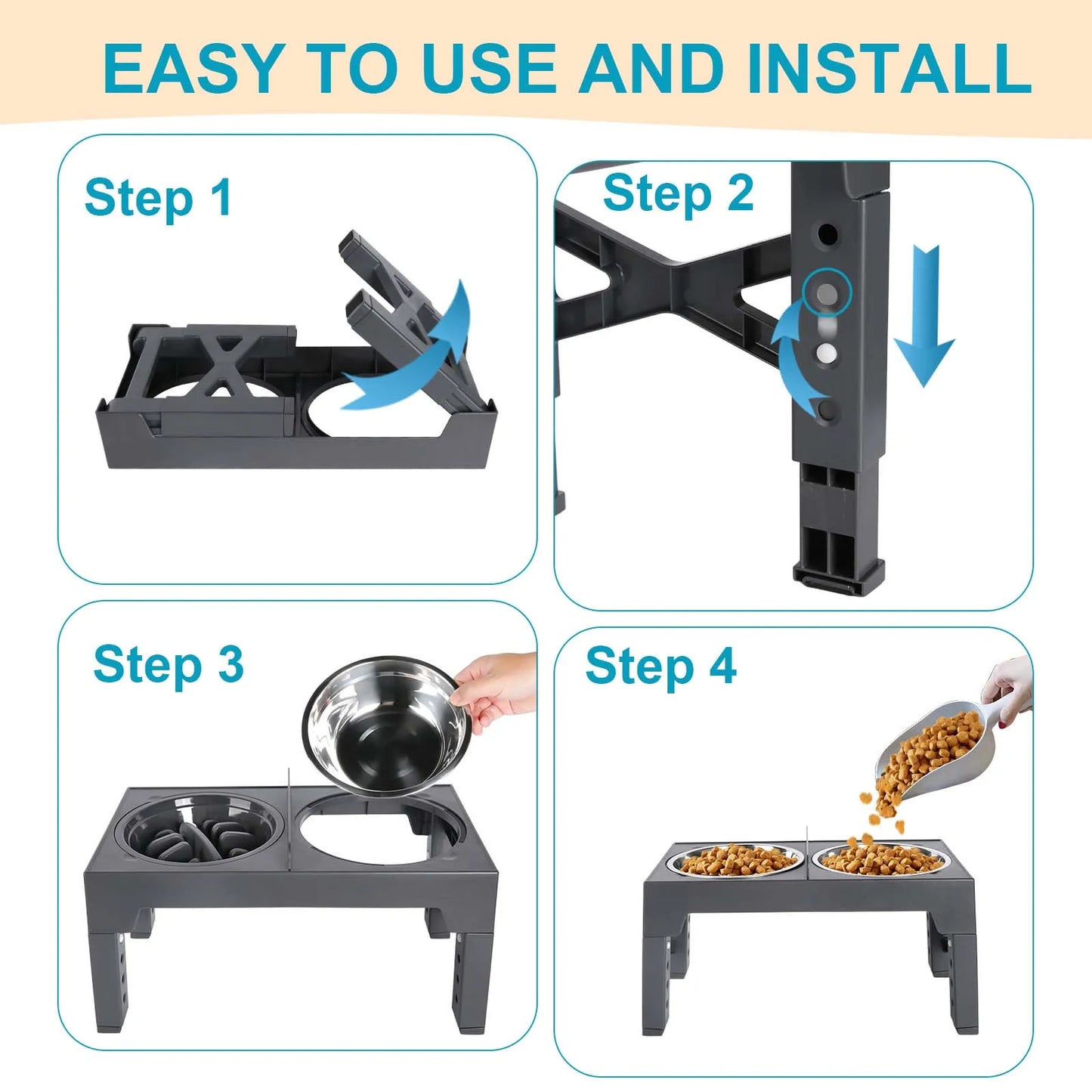 Support de Gamelles Surélevé pour Chien – Ajustable (5 Hauteurs) avec Gamelle Anti-Glouton & Inox
