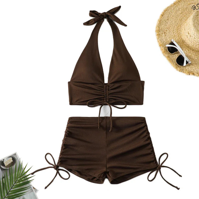 Ensemble Maillot de Bain 2 Pièces "Moka" – Top Halter & Shorty Taille Haute